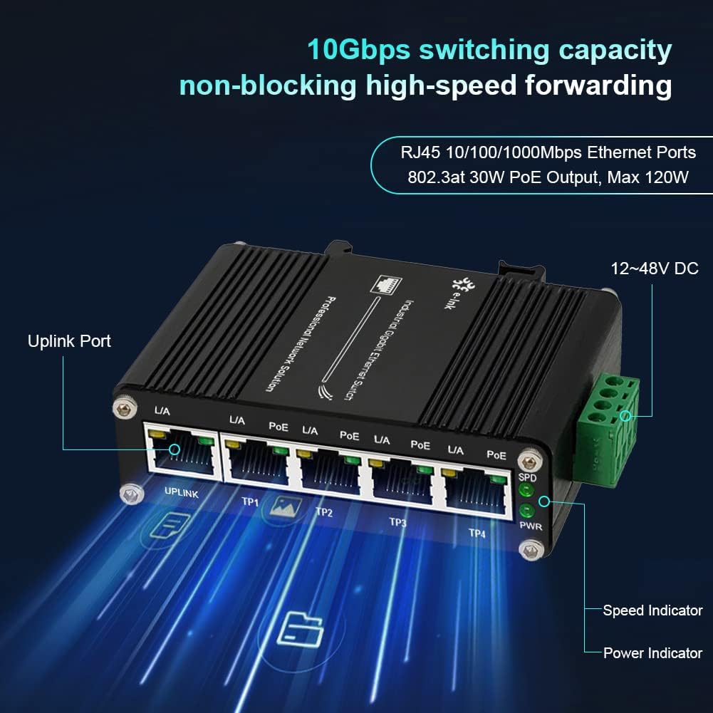 Industrial 5 Ports Gigabit PoE Switch - Hardened RJ45 10/100/1000Mbps 802.3at 30W/Port Ethernet Din Rail Mount PoE+ Unmanaged 10Gbps Switching Capacity - image 2