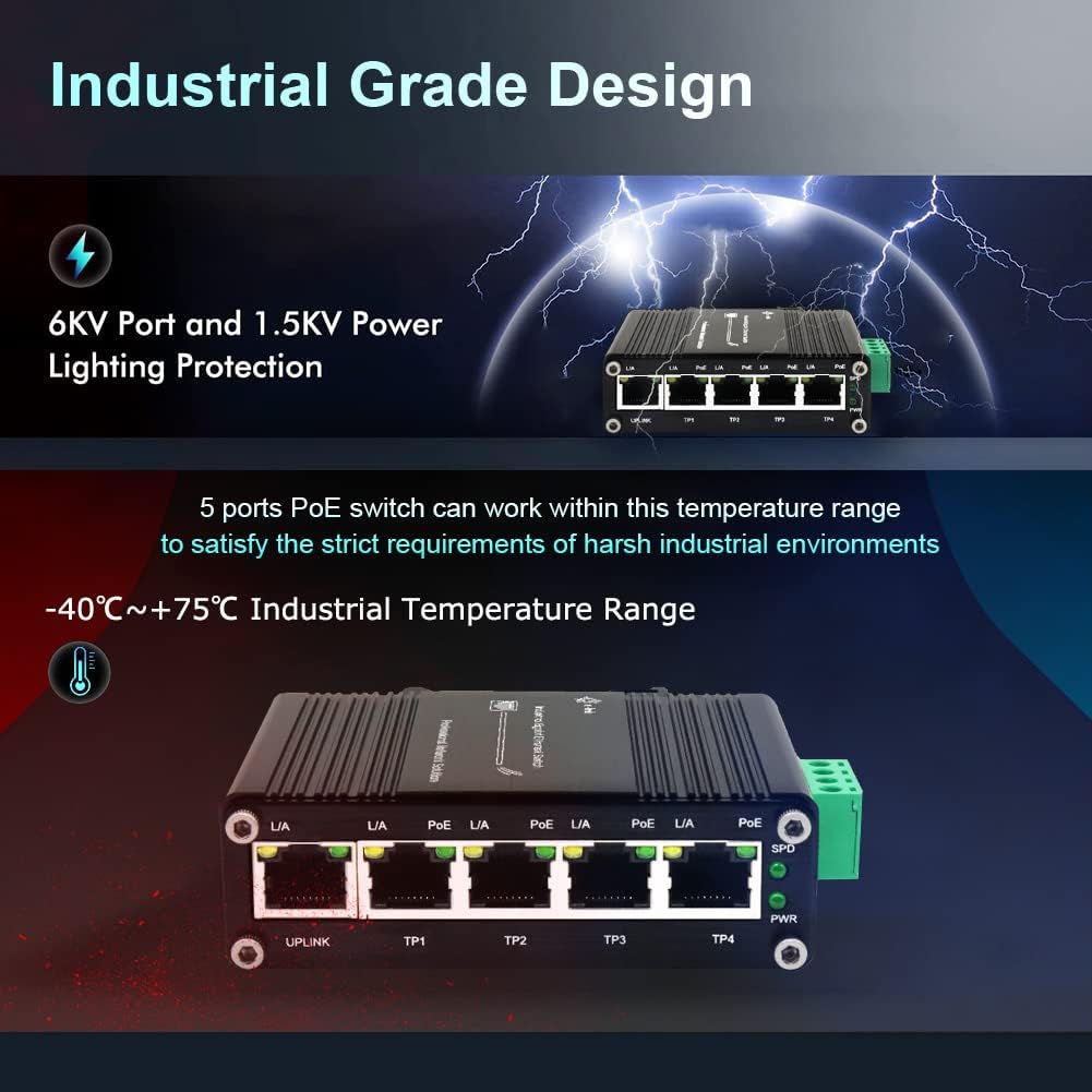 Industrial 5 Ports Gigabit PoE Switch - Hardened RJ45 10/100/1000Mbps 802.3at 30W/Port Ethernet Din Rail Mount PoE+ Unmanaged 10Gbps Switching Capacity - image 6