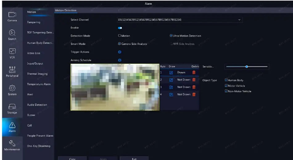 Uniview NVR local interface showing Ultra Motion Detection settings