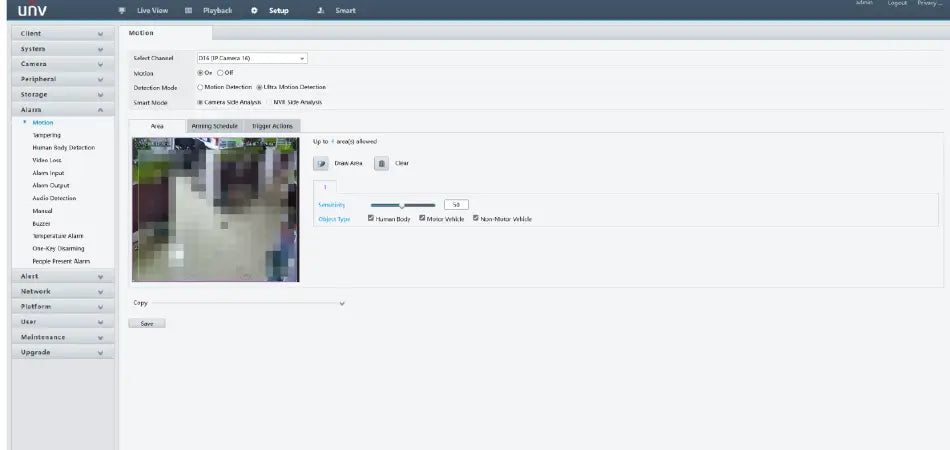 Uniview web interface showing UMD area, sensitivity, object types, and trigger settings
